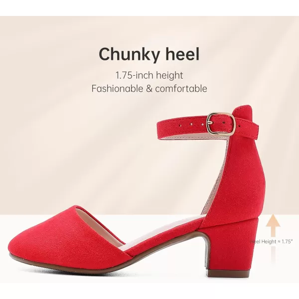 Girls Dress Shoes Closed Toe Chunky High Heels Ankle Strap Wedding Party Pump ShoesLovely Suede Red