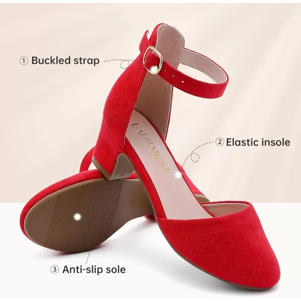 Girls Dress Shoes Closed Toe Chunky High Heels Ankle Strap Wedding Party Pump ShoesLovely Suede Red