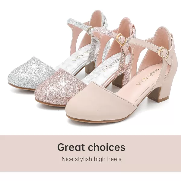Girls Dress Shoes Closed Toe Chunky High Heels Ankle Strap Wedding Party Pump ShoesModern Glitter Rosegold