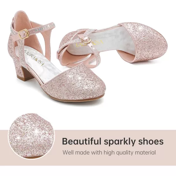 Girls Dress Shoes Closed Toe Chunky High Heels Ankle Strap Wedding Party Pump ShoesModern Glitter Rosegold