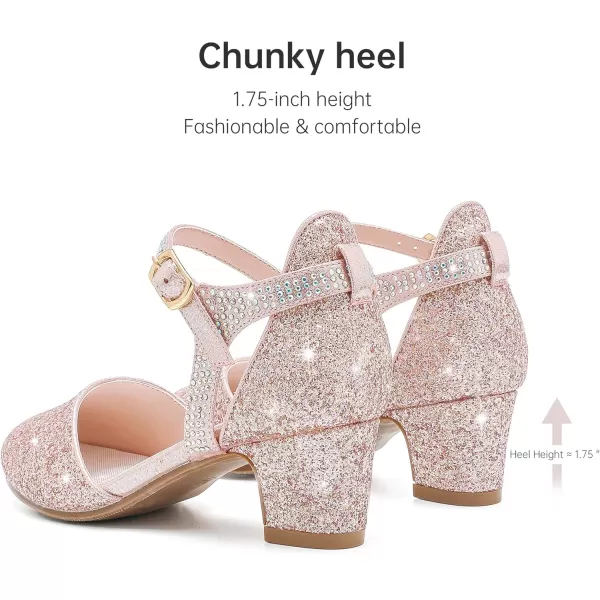 Girls Dress Shoes Closed Toe Chunky High Heels Ankle Strap Wedding Party Pump ShoesModern Glitter Rosegold