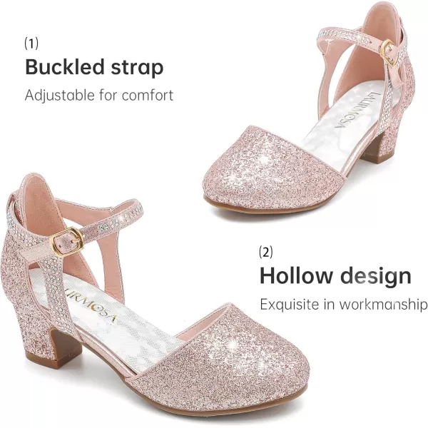 Girls Dress Shoes Closed Toe Chunky High Heels Ankle Strap Wedding Party Pump ShoesModern Glitter Rosegold