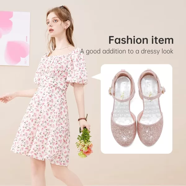 Girls Dress Shoes Closed Toe Chunky High Heels Ankle Strap Wedding Party Pump ShoesModern Glitter Rosegold