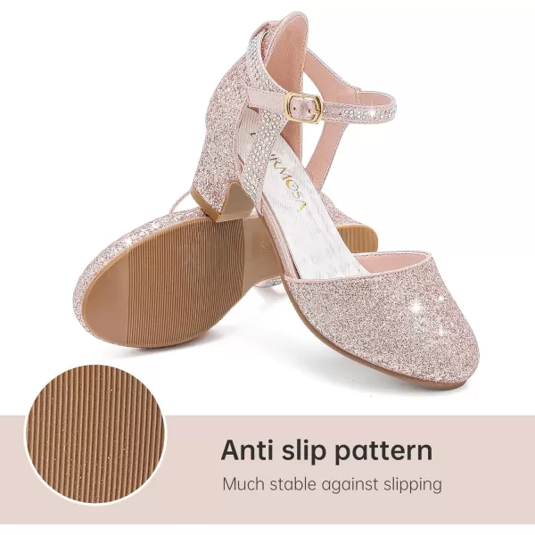 Girls Dress Shoes Closed Toe Chunky High Heels Ankle Strap Wedding Party Pump ShoesModern Glitter Rosegold