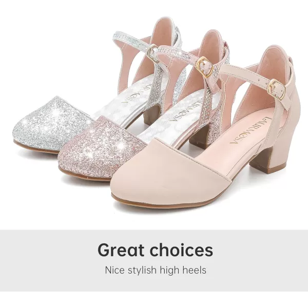 Girls Dress Shoes Closed Toe Chunky High Heels Ankle Strap Wedding Party Pump ShoesModern Glitter Silver