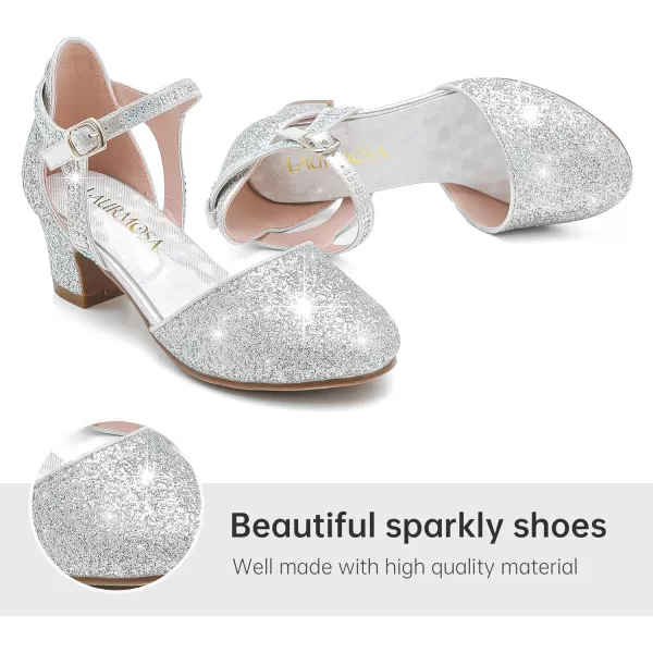 Girls Dress Shoes Closed Toe Chunky High Heels Ankle Strap Wedding Party Pump ShoesModern Glitter Silver