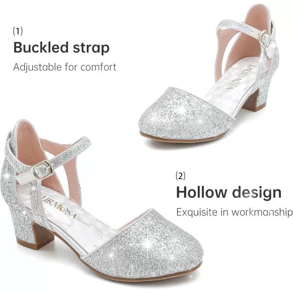 Girls Dress Shoes Closed Toe Chunky High Heels Ankle Strap Wedding Party Pump ShoesModern Glitter Silver