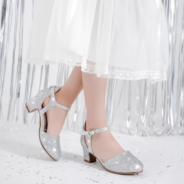 Girls Dress Shoes Closed Toe Chunky High Heels Ankle Strap Wedding Party Pump ShoesModern Glitter Silver