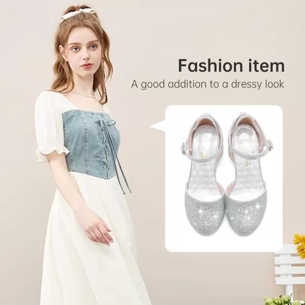 Girls Dress Shoes Closed Toe Chunky High Heels Ankle Strap Wedding Party Pump ShoesModern Glitter Silver