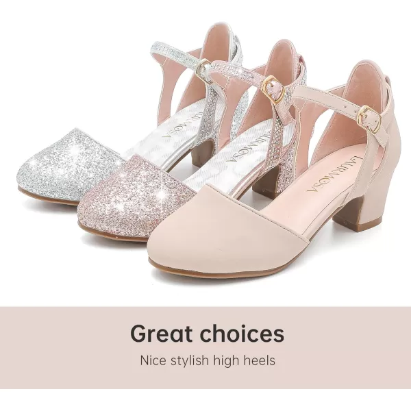 Girls Dress Shoes Closed Toe Chunky High Heels Ankle Strap Wedding Party Pump ShoesModern Nubuck Nude