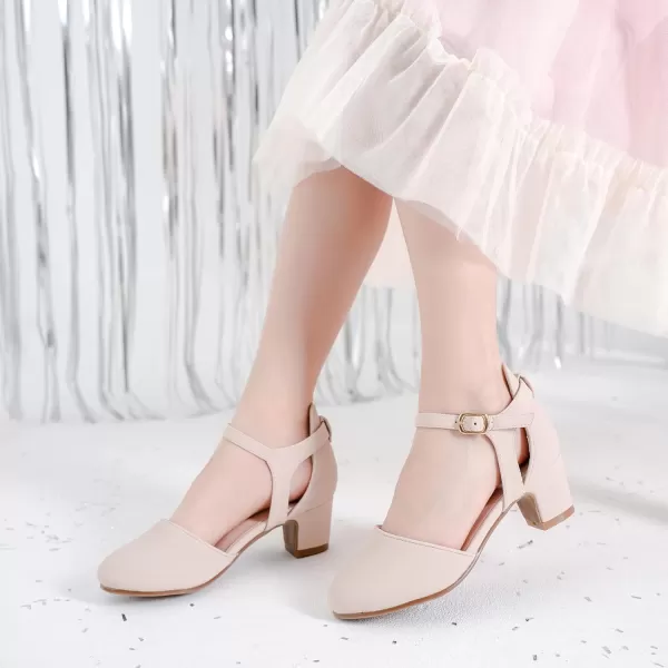 Girls Dress Shoes Closed Toe Chunky High Heels Ankle Strap Wedding Party Pump ShoesModern Nubuck Nude