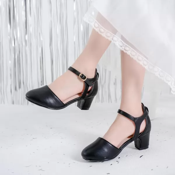 Girls Dress Shoes Closed Toe Chunky High Heels Ankle Strap Wedding Party Pump ShoesModern Pu Black