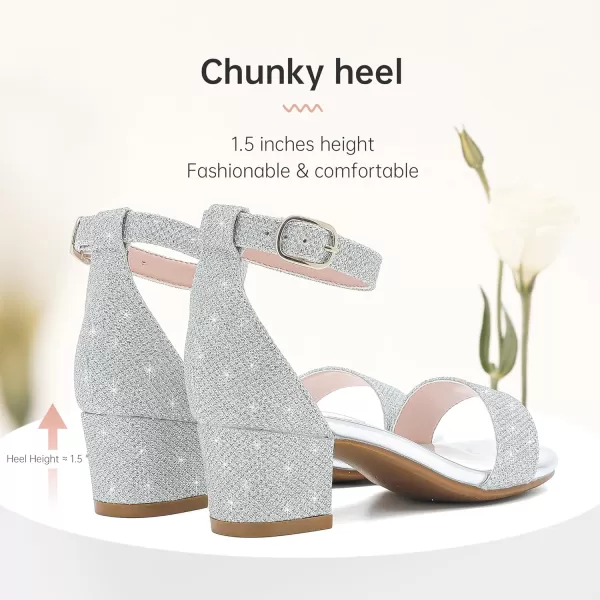 Girls High Heels Sandal for Girls Open Toe Ankle Buckle Strap Dress Shoes for Little Big Kids in Wedding Party Block Chunky Pump SandalsHonorable Glitter Silver