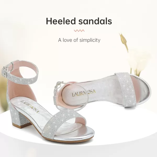 Girls High Heels Sandal for Girls Open Toe Ankle Buckle Strap Dress Shoes for Little Big Kids in Wedding Party Block Chunky Pump SandalsHonorable Glitter Silver