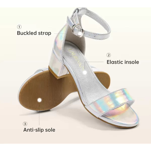 Girls High Heels Sandal for Girls Open Toe Ankle Buckle Strap Dress Shoes for Little Big Kids in Wedding Party Block Chunky Pump SandalsHonorable Laser Silver