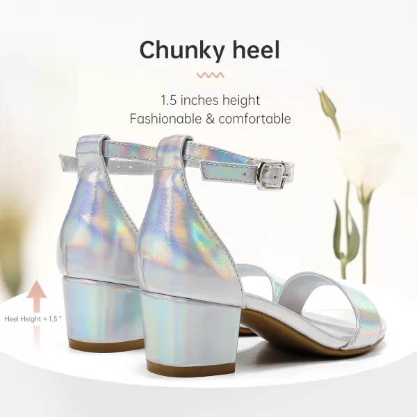 Girls High Heels Sandal for Girls Open Toe Ankle Buckle Strap Dress Shoes for Little Big Kids in Wedding Party Block Chunky Pump SandalsHonorable Laser Silver