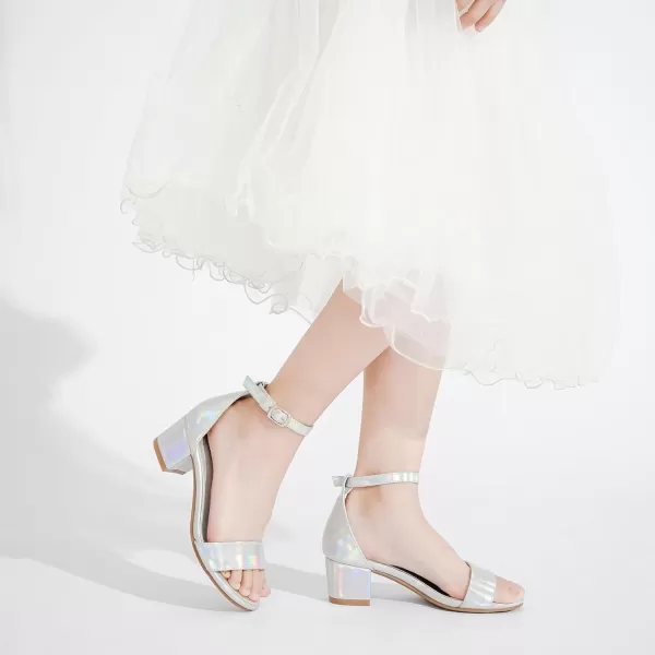 Girls High Heels Sandal for Girls Open Toe Ankle Buckle Strap Dress Shoes for Little Big Kids in Wedding Party Block Chunky Pump SandalsHonorable Laser Silver