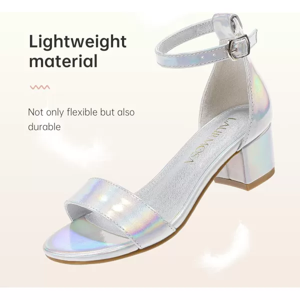 Girls High Heels Sandal for Girls Open Toe Ankle Buckle Strap Dress Shoes for Little Big Kids in Wedding Party Block Chunky Pump SandalsHonorable Laser Silver