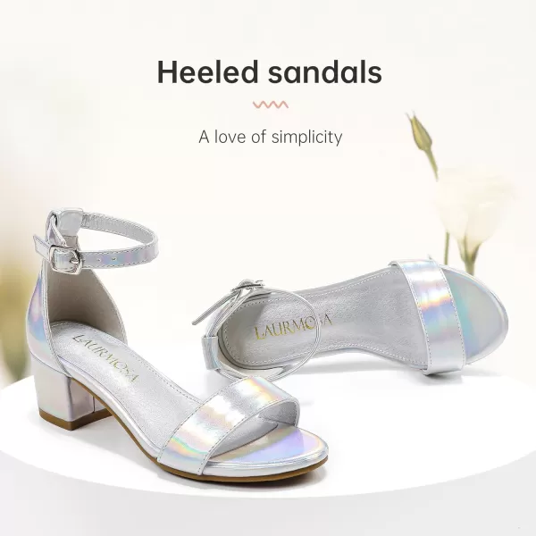 Girls High Heels Sandal for Girls Open Toe Ankle Buckle Strap Dress Shoes for Little Big Kids in Wedding Party Block Chunky Pump SandalsHonorable Laser Silver