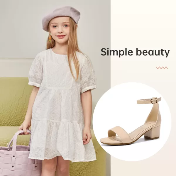 Girls High Heels Sandal for Girls Open Toe Ankle Buckle Strap Dress Shoes for Little Big Kids in Wedding Party Block Chunky Pump SandalsHonorable Pu Nude