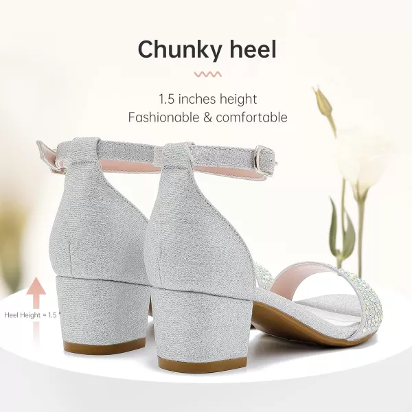 Girls High Heels Sandal for Girls Open Toe Ankle Buckle Strap Dress Shoes for Little Big Kids in Wedding Party Block Chunky Pump SandalsHonorable Rhinestone Silver