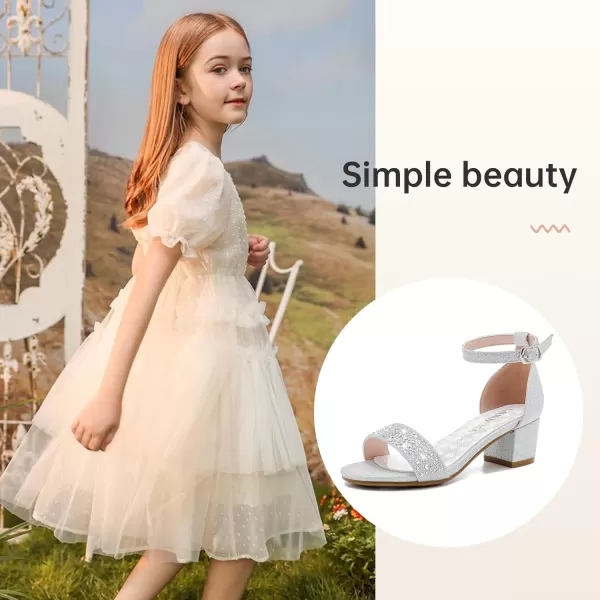 Girls High Heels Sandal for Girls Open Toe Ankle Buckle Strap Dress Shoes for Little Big Kids in Wedding Party Block Chunky Pump SandalsHonorable Rhinestone Silver
