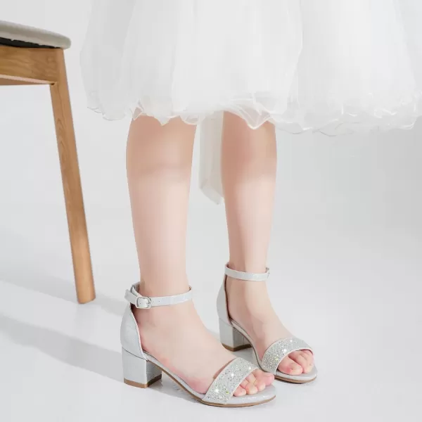 Girls High Heels Sandal for Girls Open Toe Ankle Buckle Strap Dress Shoes for Little Big Kids in Wedding Party Block Chunky Pump SandalsHonorable Rhinestone Silver
