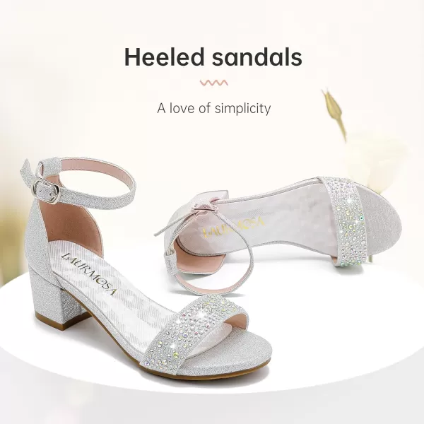 Girls High Heels Sandal for Girls Open Toe Ankle Buckle Strap Dress Shoes for Little Big Kids in Wedding Party Block Chunky Pump SandalsHonorable Rhinestone Silver