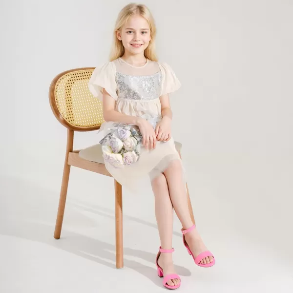 Girls High Heels Sandal for Girls Open Toe Ankle Buckle Strap Dress Shoes for Little Big Kids in Wedding Party Block Chunky Pump SandalsHonorable Suede Fuchsia
