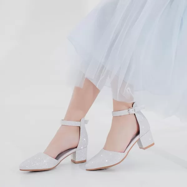 Girls Sandals Closed Toe High Heels Formal Dress Shoes Ankle Strap Pointed Toe Heeled for Little Big Kids in Wedding Party Comfortable Thick Heels Block Chunky Pump ShoesClassic Shimmer Silver