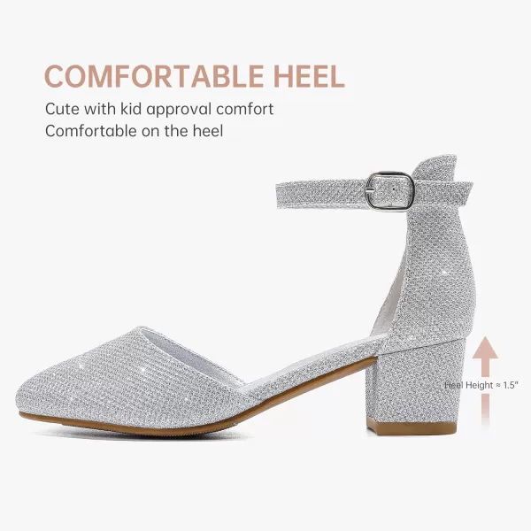 Girls Sandals Closed Toe High Heels Formal Dress Shoes Ankle Strap Pointed Toe Heeled for Little Big Kids in Wedding Party Comfortable Thick Heels Block Chunky Pump ShoesClassic Glitter Silver