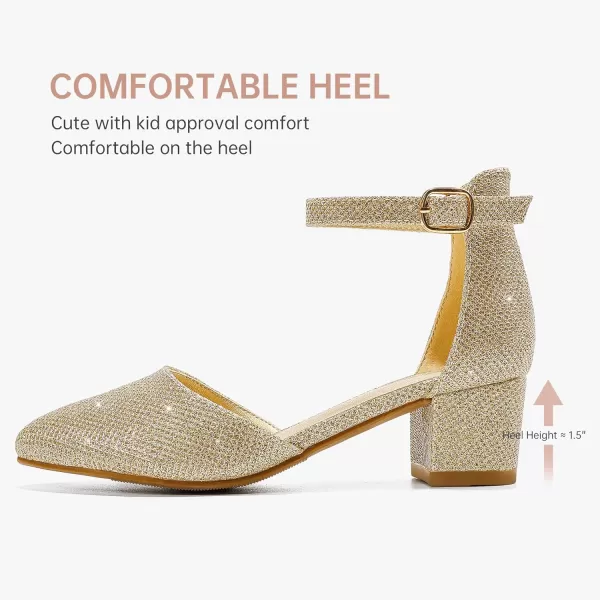 Girls Sandals Closed Toe High Heels Formal Dress Shoes Ankle Strap Pointed Toe Heeled for Little Big Kids in Wedding Party Comfortable Thick Heels Block Chunky Pump ShoesClassic Glitter Gold