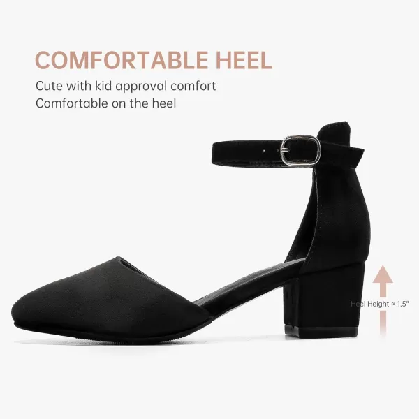 Girls Sandals Closed Toe High Heels Formal Dress Shoes Ankle Strap Pointed Toe Heeled for Little Big Kids in Wedding Party Comfortable Thick Heels Block Chunky Pump ShoesClassic Suede Black