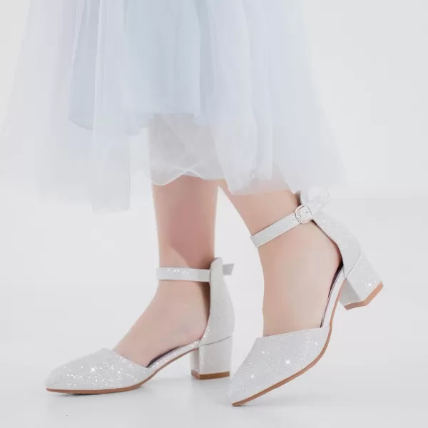 Girls Sandals Closed Toe High Heels Formal Dress Shoes Ankle Strap Pointed Toe Heeled for Little Big Kids in Wedding Party Comfortable Thick Heels Block Chunky Pump ShoesClassic Shimmer Silver