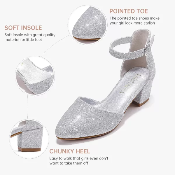 Girls Sandals Closed Toe High Heels Formal Dress Shoes Ankle Strap Pointed Toe Heeled for Little Big Kids in Wedding Party Comfortable Thick Heels Block Chunky Pump ShoesClassic Shimmer Silver