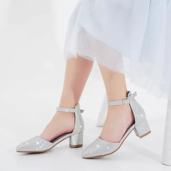 Girls Sandals Closed Toe High Heels Formal Dress Shoes Ankle Strap Pointed Toe Heeled for Little Big Kids in Wedding Party Comfortable Thick Heels Block Chunky Pump ShoesClassic Glitter Silver