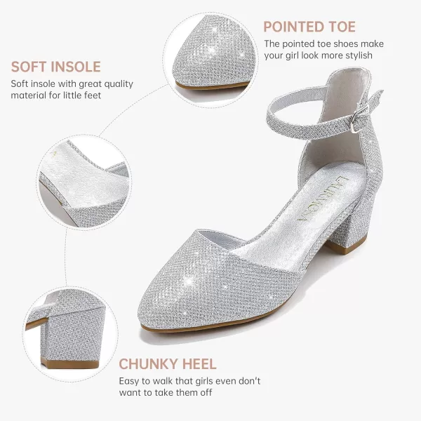 Girls Sandals Closed Toe High Heels Formal Dress Shoes Ankle Strap Pointed Toe Heeled for Little Big Kids in Wedding Party Comfortable Thick Heels Block Chunky Pump ShoesClassic Glitter Silver