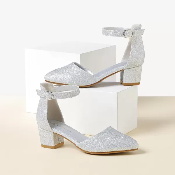 Girls Sandals Closed Toe High Heels Formal Dress Shoes Ankle Strap Pointed Toe Heeled for Little Big Kids in Wedding Party Comfortable Thick Heels Block Chunky Pump ShoesClassic Shimmer Silver