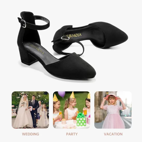 Girls Sandals Closed Toe High Heels Formal Dress Shoes Ankle Strap Pointed Toe Heeled for Little Big Kids in Wedding Party Comfortable Thick Heels Block Chunky Pump ShoesClassic Suede Black