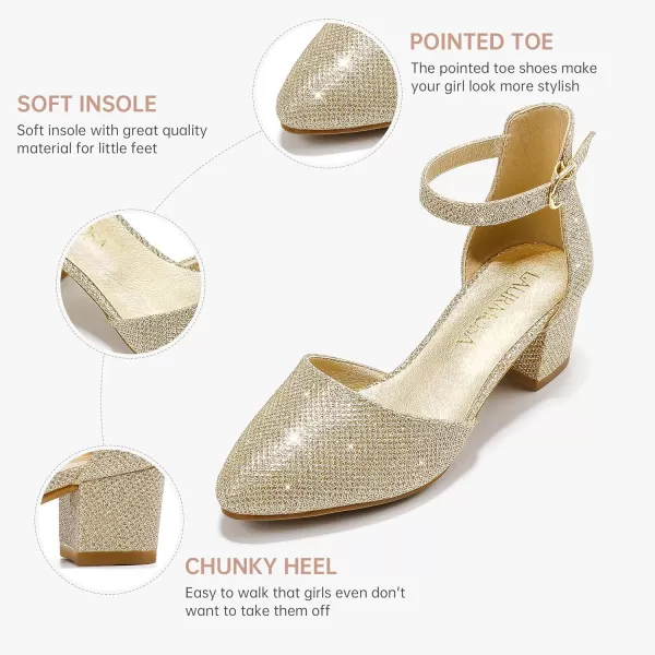 Girls Sandals Closed Toe High Heels Formal Dress Shoes Ankle Strap Pointed Toe Heeled for Little Big Kids in Wedding Party Comfortable Thick Heels Block Chunky Pump ShoesClassic Glitter Gold