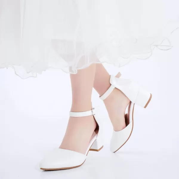 Girls Sandals Closed Toe High Heels Formal Dress Shoes Ankle Strap Pointed Toe Heeled for Little Big Kids in Wedding Party Comfortable Thick Heels Block Chunky Pump ShoesClassic Pu White