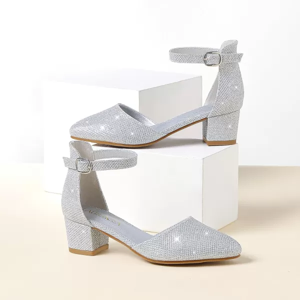 Girls Sandals Closed Toe High Heels Formal Dress Shoes Ankle Strap Pointed Toe Heeled for Little Big Kids in Wedding Party Comfortable Thick Heels Block Chunky Pump ShoesClassic Glitter Silver