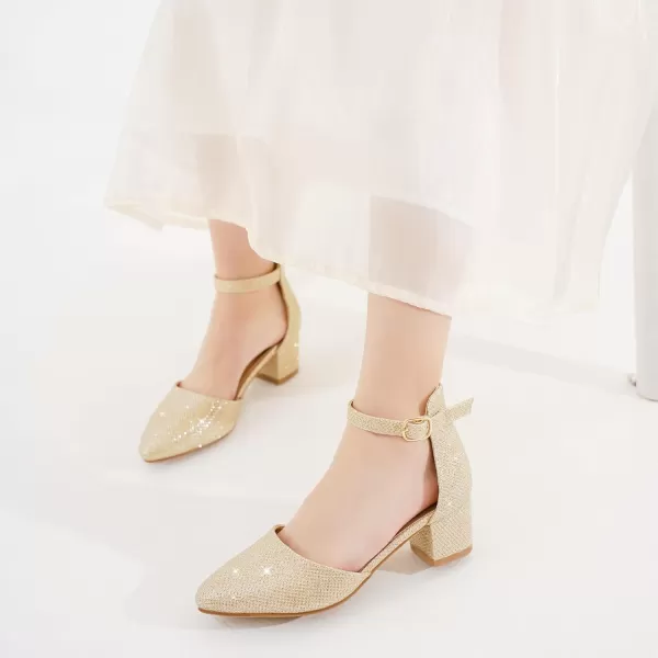 Girls Sandals Closed Toe High Heels Formal Dress Shoes Ankle Strap Pointed Toe Heeled for Little Big Kids in Wedding Party Comfortable Thick Heels Block Chunky Pump ShoesClassic Glitter Gold