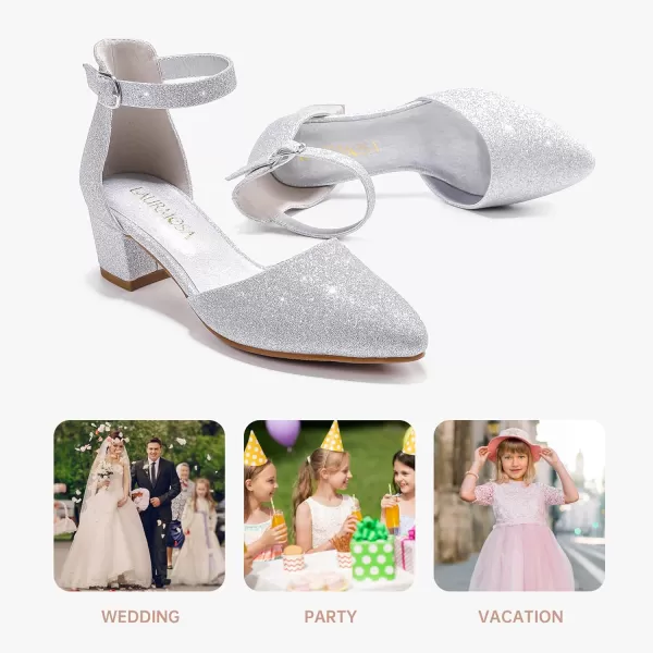 Girls Sandals Closed Toe High Heels Formal Dress Shoes Ankle Strap Pointed Toe Heeled for Little Big Kids in Wedding Party Comfortable Thick Heels Block Chunky Pump ShoesClassic Shimmer Silver