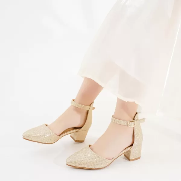 Girls Sandals Closed Toe High Heels Formal Dress Shoes Ankle Strap Pointed Toe Heeled for Little Big Kids in Wedding Party Comfortable Thick Heels Block Chunky Pump ShoesClassic Glitter Gold