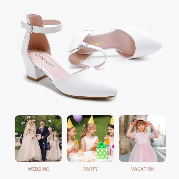 Girls Sandals Closed Toe High Heels Formal Dress Shoes Ankle Strap Pointed Toe Heeled for Little Big Kids in Wedding Party Comfortable Thick Heels Block Chunky Pump ShoesClassic Pu White