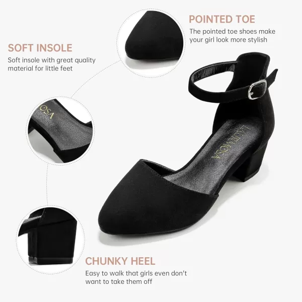 Girls Sandals Closed Toe High Heels Formal Dress Shoes Ankle Strap Pointed Toe Heeled for Little Big Kids in Wedding Party Comfortable Thick Heels Block Chunky Pump ShoesClassic Suede Black
