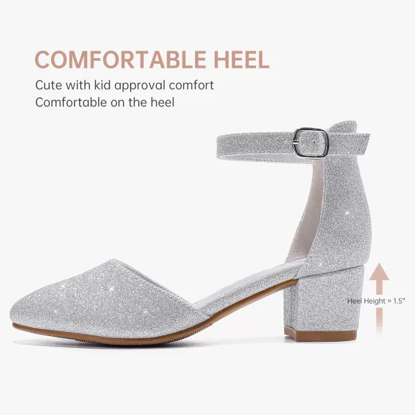 Girls Sandals Closed Toe High Heels Formal Dress Shoes Ankle Strap Pointed Toe Heeled for Little Big Kids in Wedding Party Comfortable Thick Heels Block Chunky Pump ShoesClassic Shimmer Silver