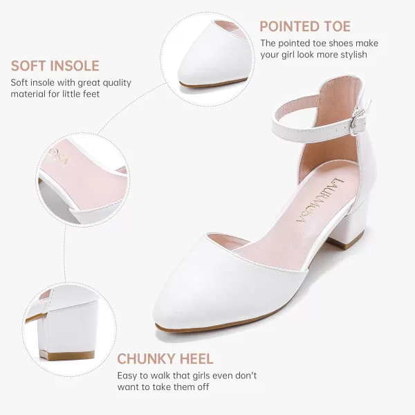 Girls Sandals Closed Toe High Heels Formal Dress Shoes Ankle Strap Pointed Toe Heeled for Little Big Kids in Wedding Party Comfortable Thick Heels Block Chunky Pump ShoesClassic Pu White