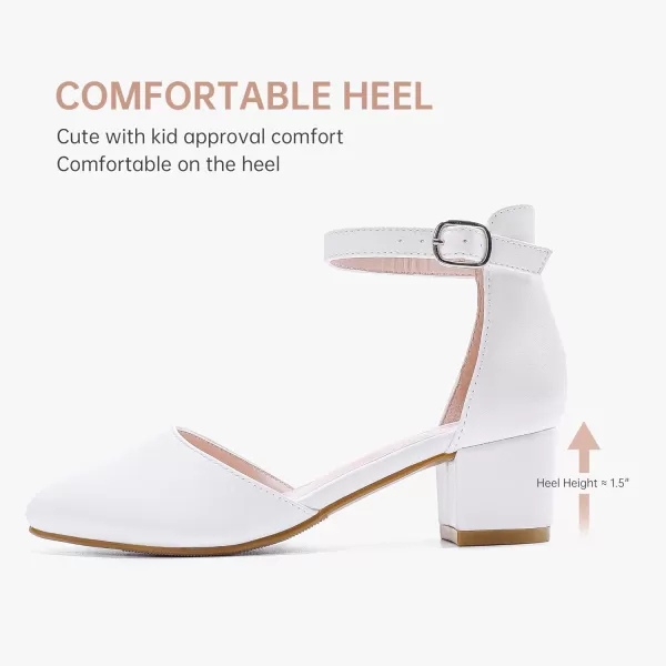 Girls Sandals Closed Toe High Heels Formal Dress Shoes Ankle Strap Pointed Toe Heeled for Little Big Kids in Wedding Party Comfortable Thick Heels Block Chunky Pump ShoesClassic Pu White